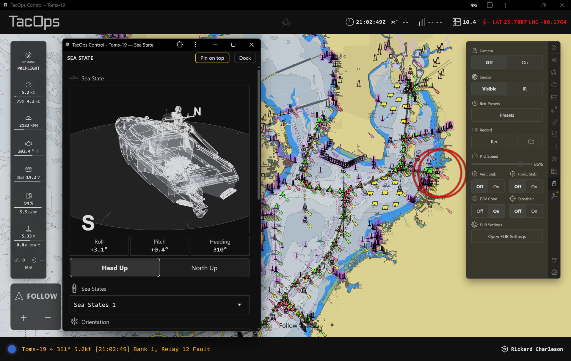 TacOps Control operator interface for TOMS-19 showing a nautical chart with vessel track, telemetry readouts, sea-state orientation display and camera controls